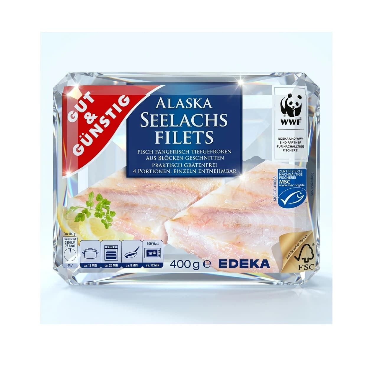 Packung Gut & Günstig Alaska Seelachs Filets tiefgekühlt, 400 g