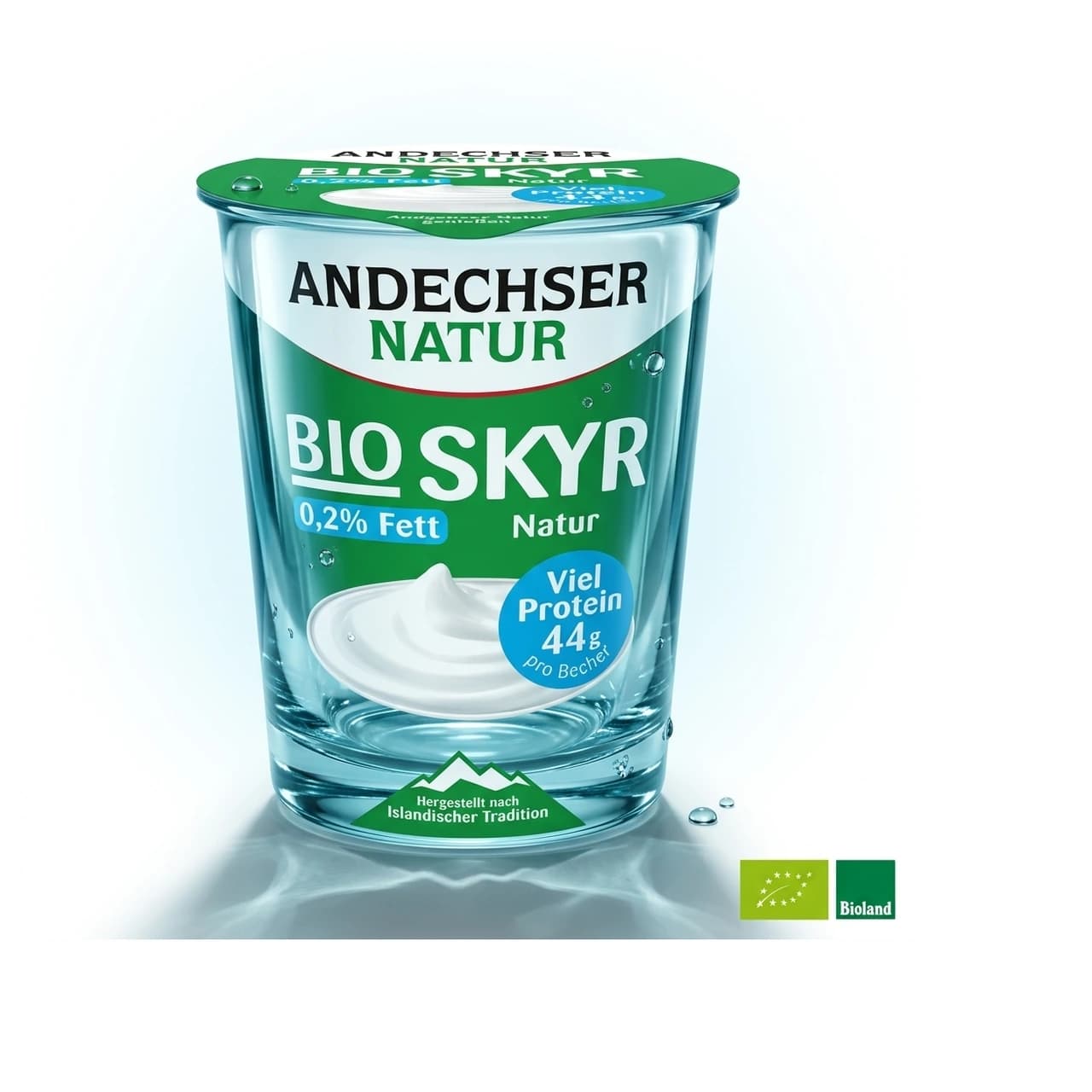 Becher Andechser Natur Bio-Skyr Natur, 400 g, als Liquid-Glass-Transformation