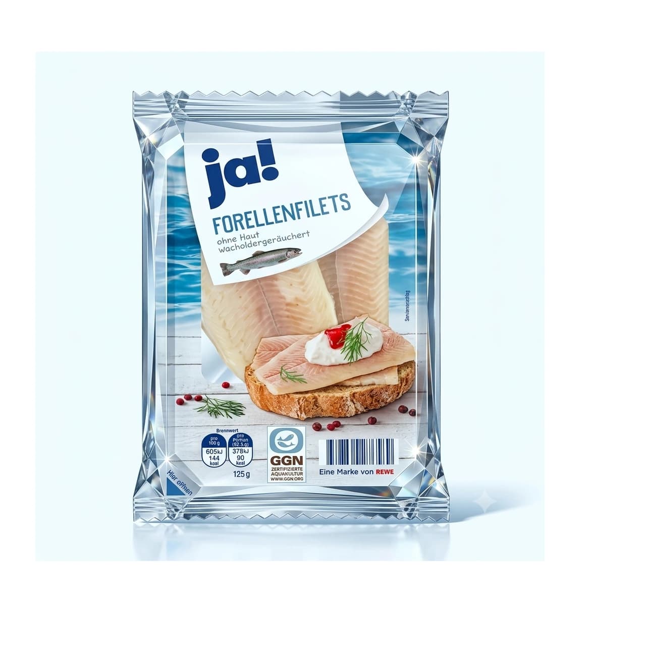 Packung ja! Forellenfilets geräuchert, 125 g