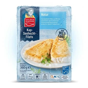 Packung Golden Seafood Kap-Seehecht-Filets Natur, 360 g