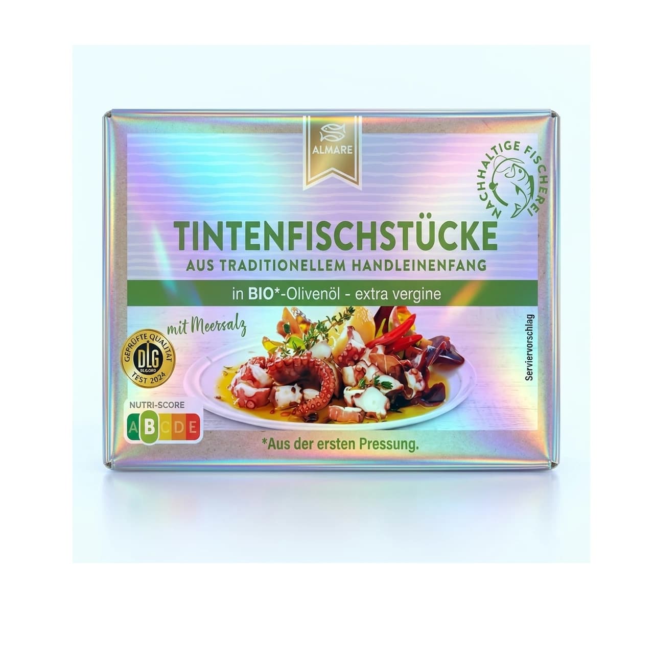 Packung Almare Seafood Tintenfischstücke in Bio-Olivenöl, 80 g